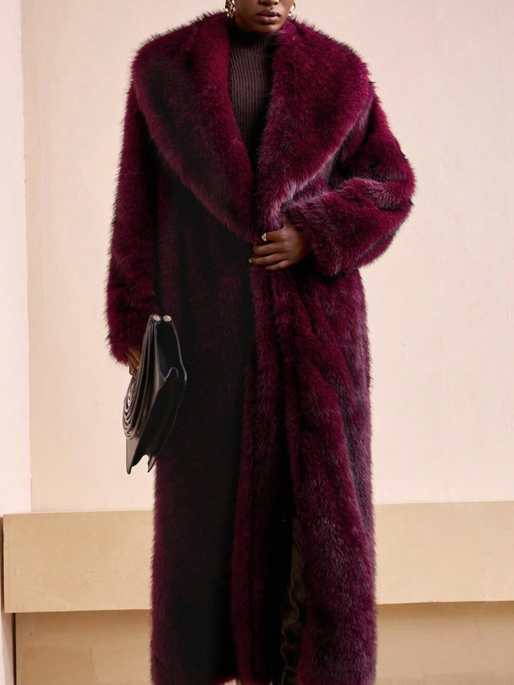 Burgundy Ombre Casual Fluffy Women's Faux Fur Parka Coat - Picture 4 of 6